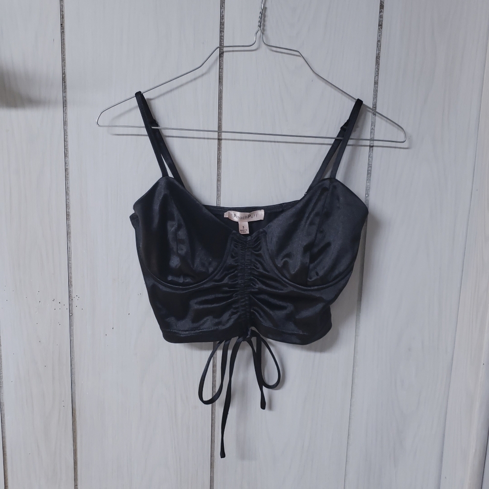 Black Satin Crop Top with Front Tie and Straps Peach Puff Size S